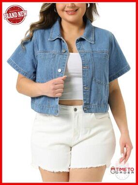 Women's Plus Size Cropped Denim Jacket Button Front Jean Jacket Short Sleeve